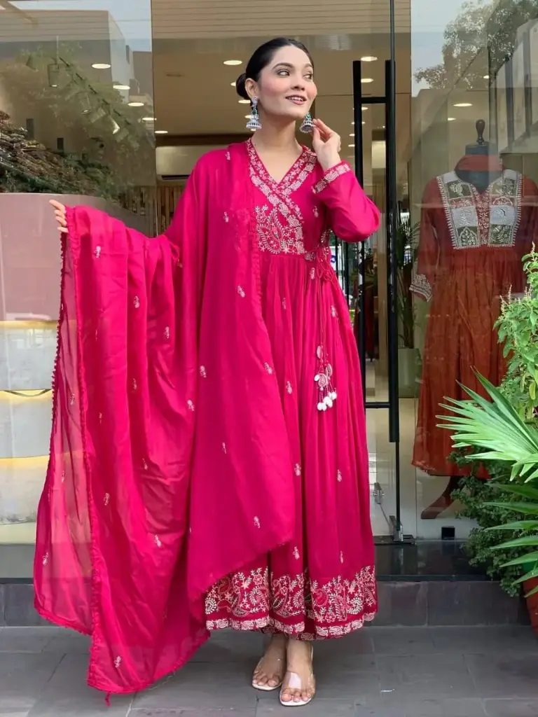 Angrakha Special! Cotton Kurti Set with Zari & Sequence Work, Tusselled Yoke & Malmal Dupatta (Pink (Rani ), XXXL)